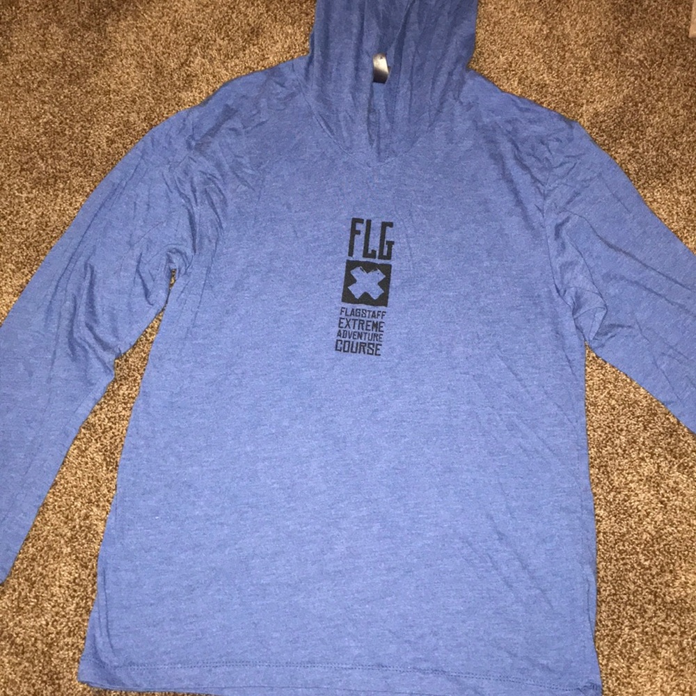 blue long sleeve shirt with hood